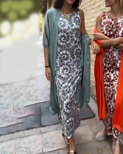 Luna Moda | Elegancka długa sukienka z kardiganem